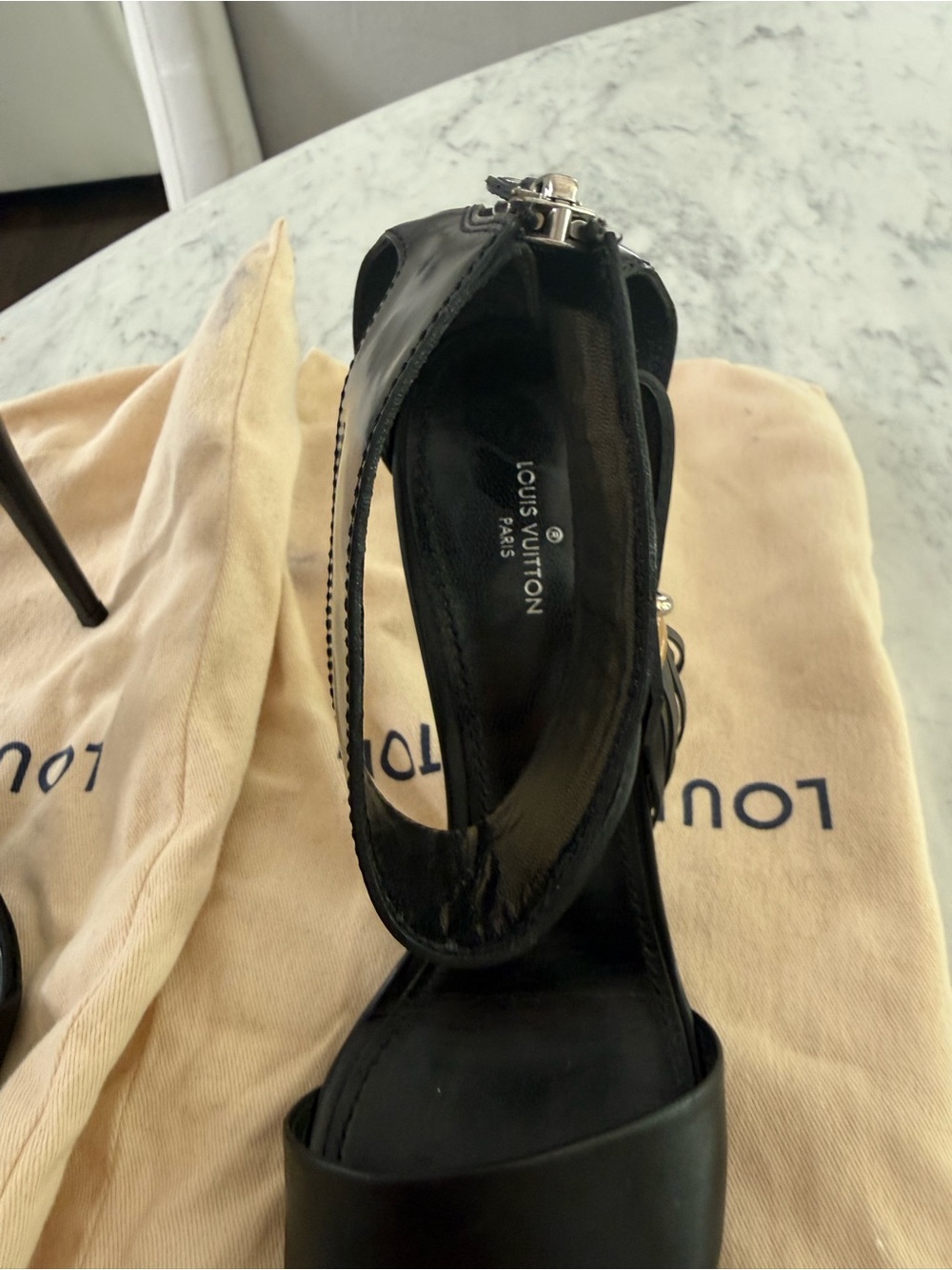 Louis Vuitton Black Leather Tassel Padlock Ankle-Strap Heels - Picture 3 of 9